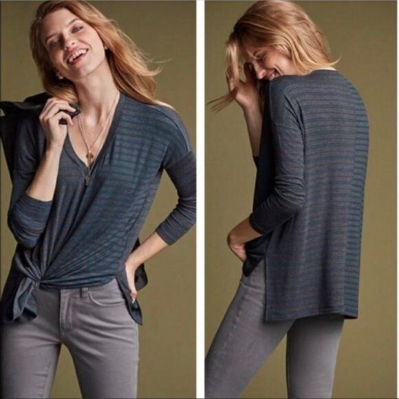 Cabi XS Striped Gray Blue Tee Hybrid Azure Top Long Sleeve V Neck Blouse 3687 - Picture 2 of 10